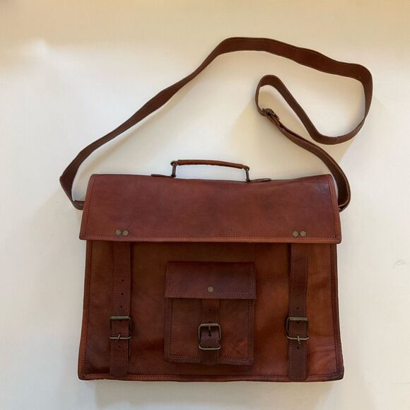 Cognac Leather Briefcase Messinger Bag Satchel Crossbody Laptopcase - Picture 3 of 12